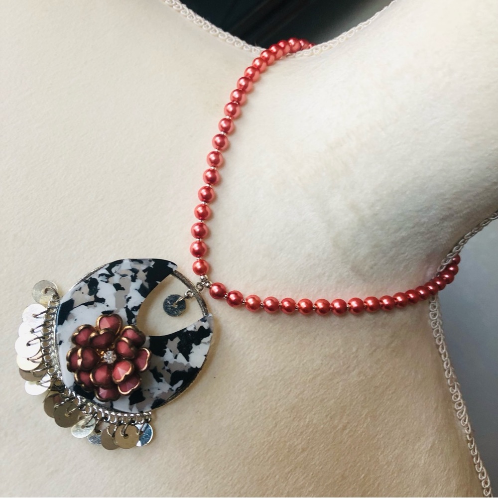 Handcrafted repurpose floral marble pendant Czech glass Pearl necklace